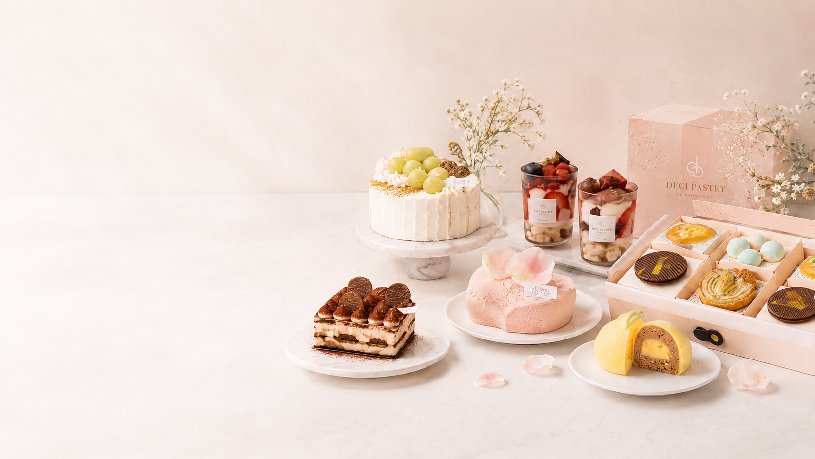 DECI PASTRY cakes, parfaits and gift sets arranged in a soft peach studio scene